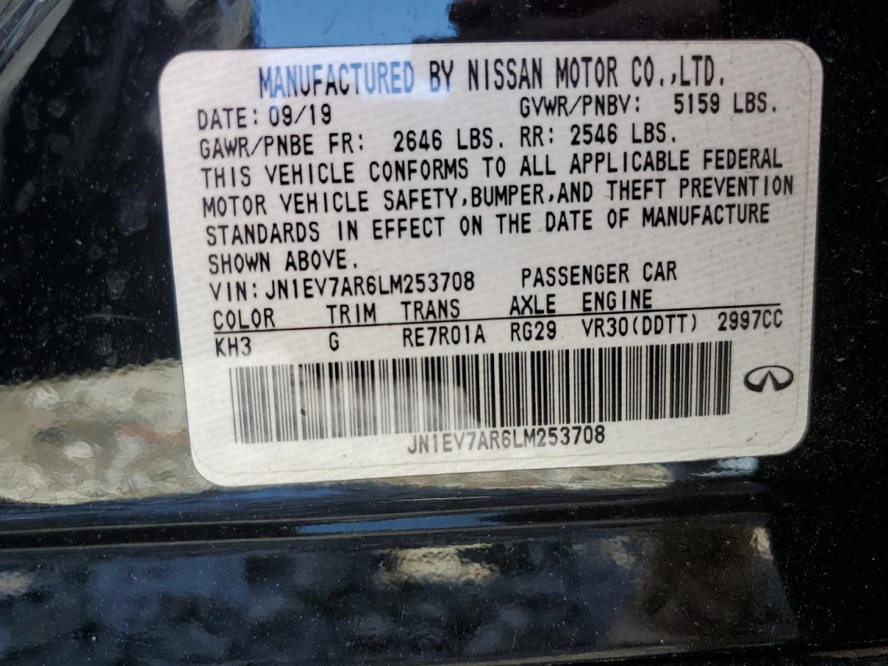 JN1EV7AR6LM253708 2020 Infiniti Q50 Pure