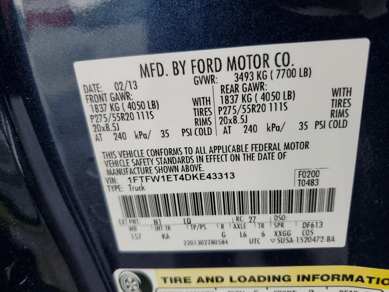 1FTFW1ET4DKE43313 2013 Ford F150 Supercrew