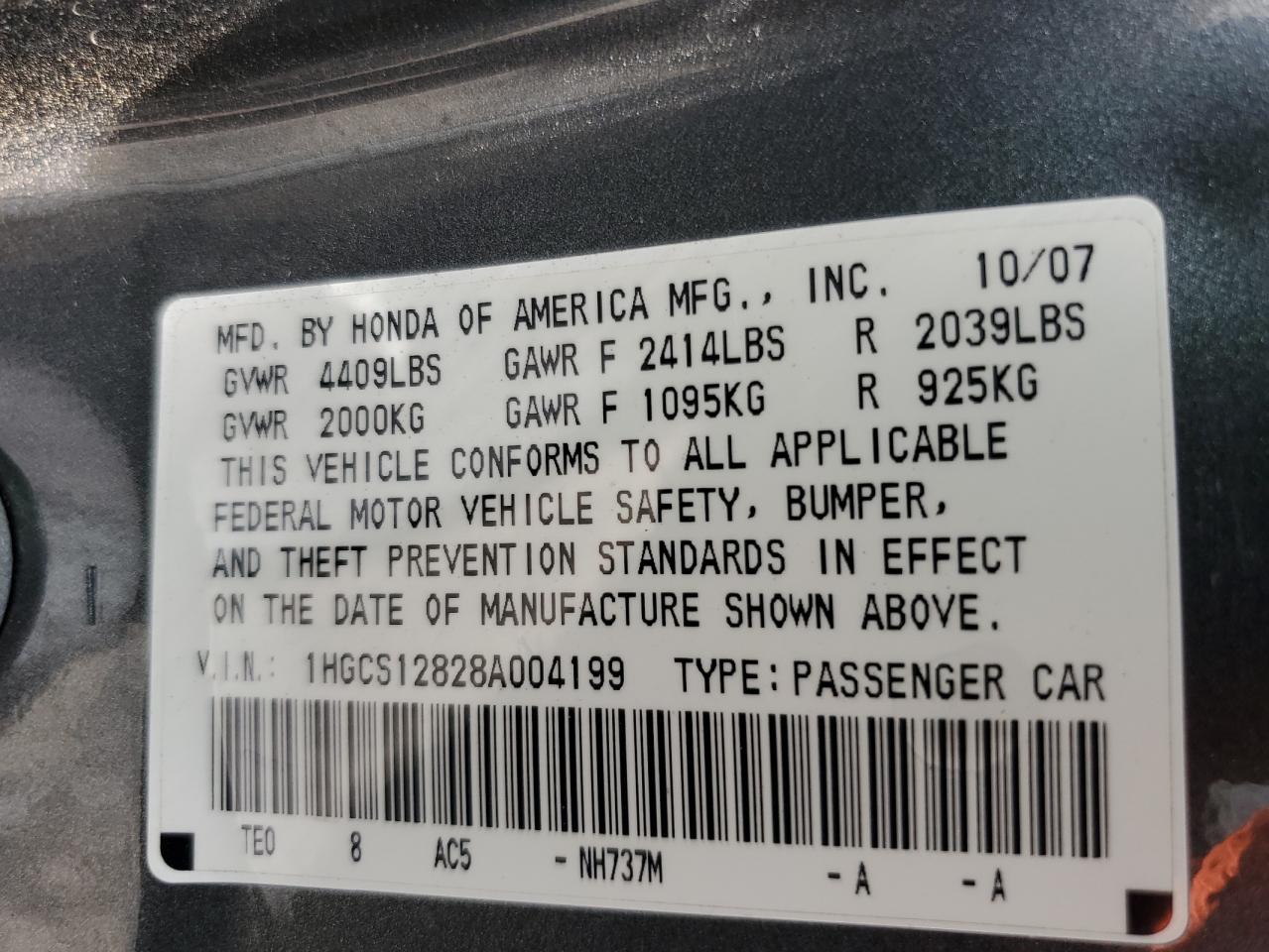 1HGCS12828A004199 2008 Honda Accord Exl