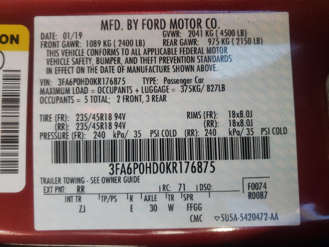 3FA6P0HD0KR176875 2019 Ford Fusion Se