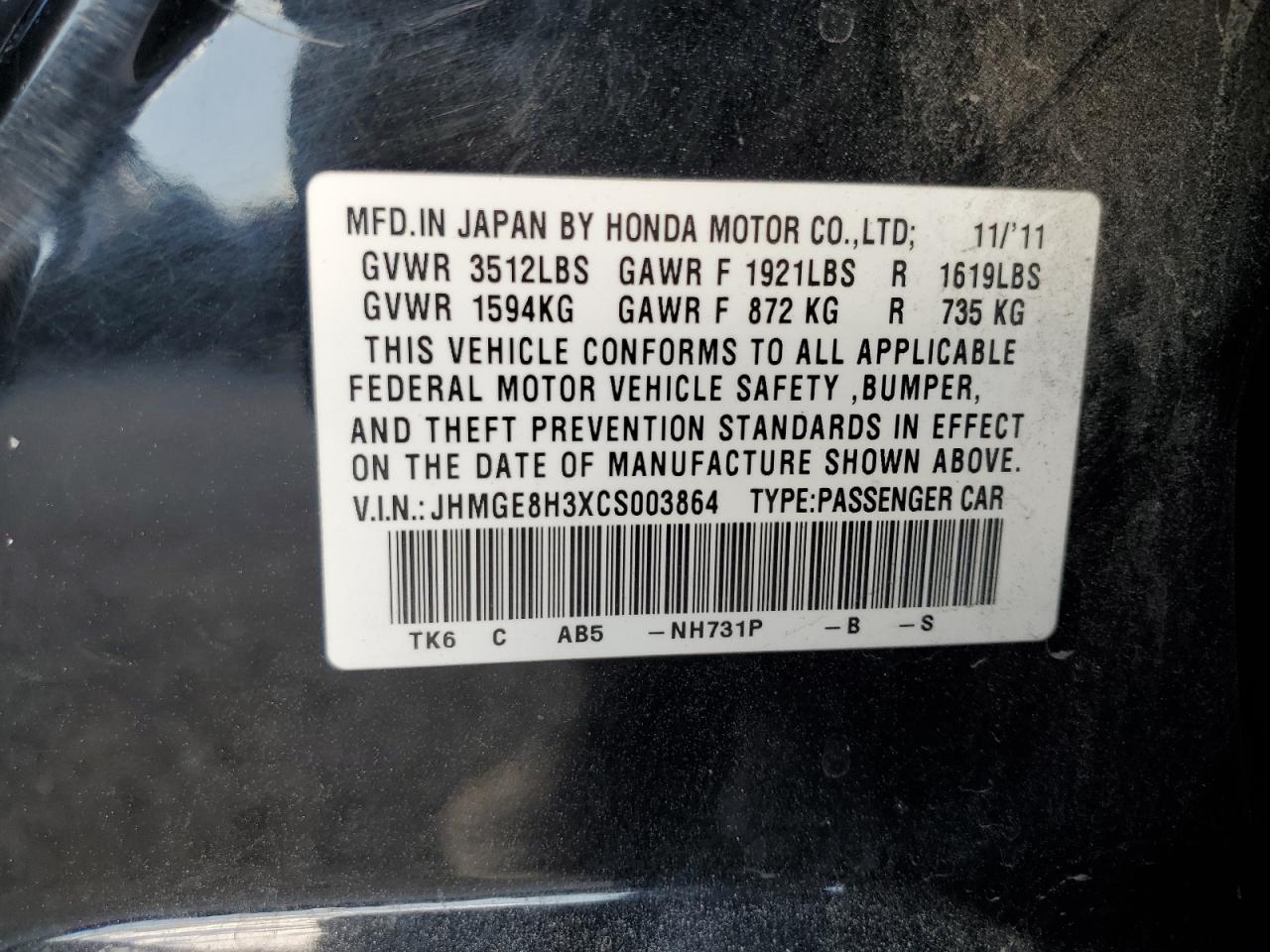 JHMGE8H3XCS003864 2012 Honda Fit