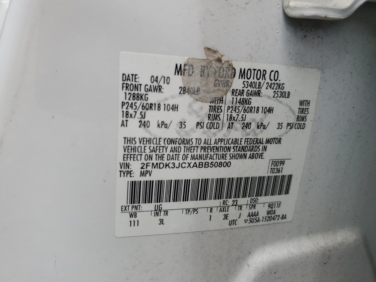 2FMDK3JCXABB50800 2010 Ford Edge Sel