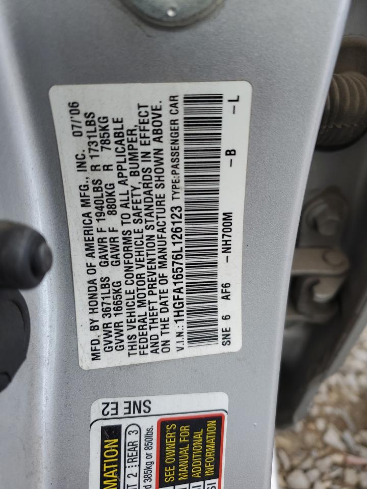 1HGFA16576L126123 2006 Honda Civic Lx