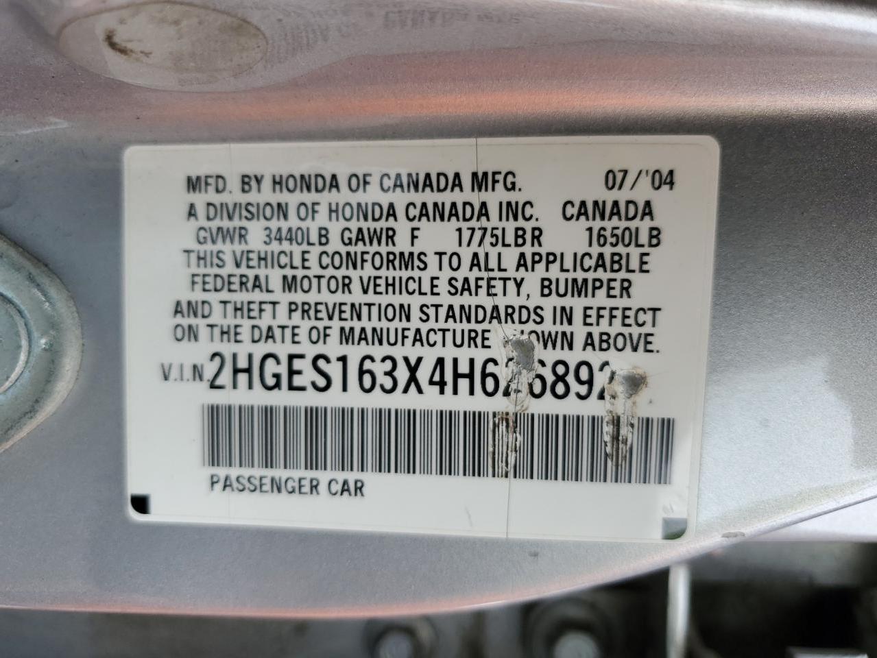 2HGES163X4H626892 2004 Honda Civic Dx Vp