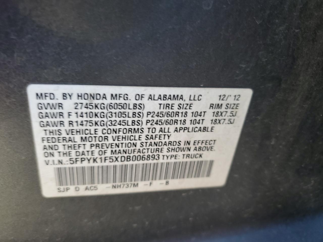 5FPYK1F5XDB006893 2013 Honda Ridgeline Rtl