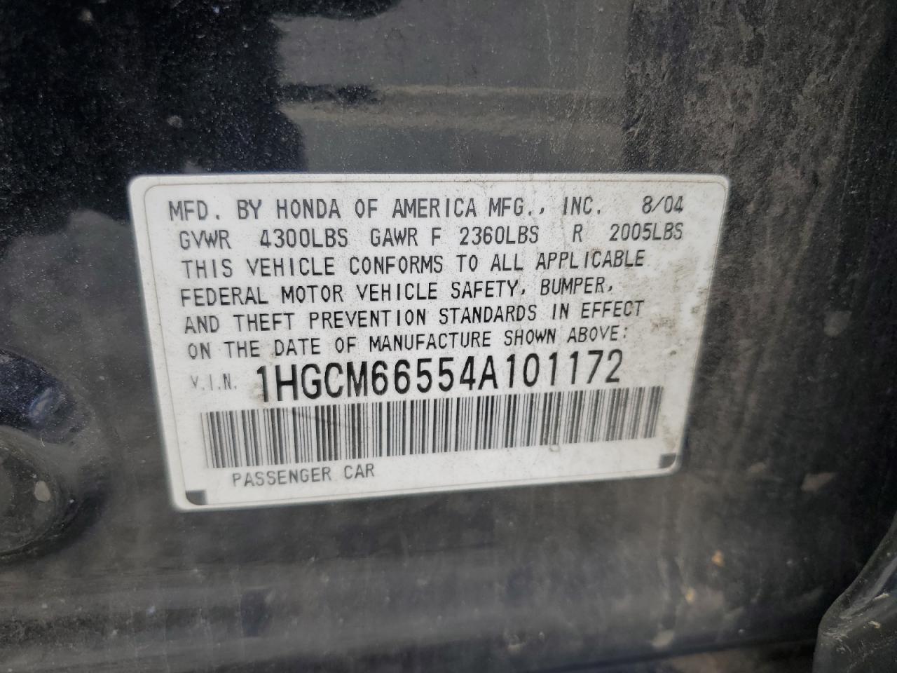 1HGCM66554A101172 2004 Honda Accord Ex