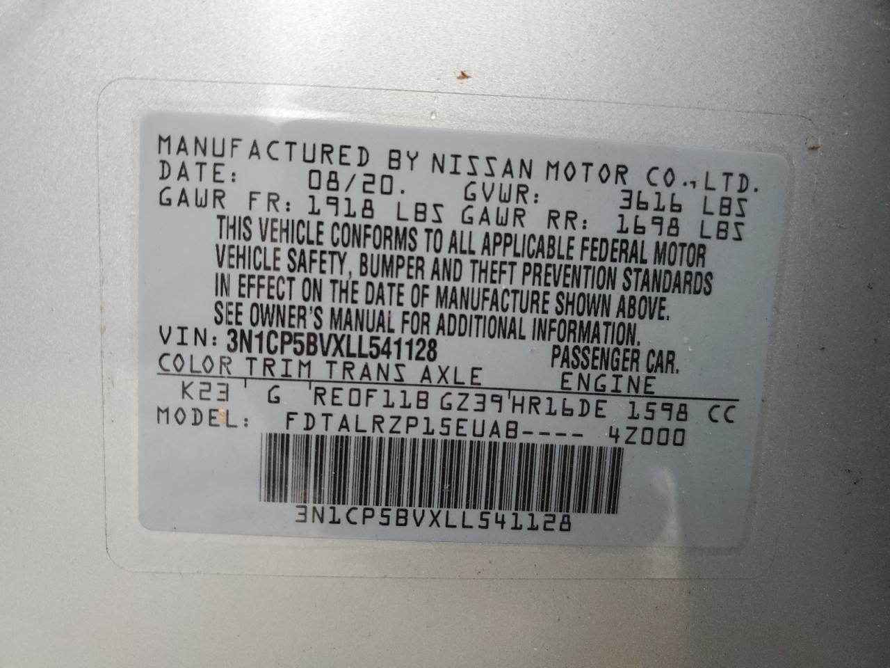 3N1CP5BVXLL541128 2020 Nissan Kicks S