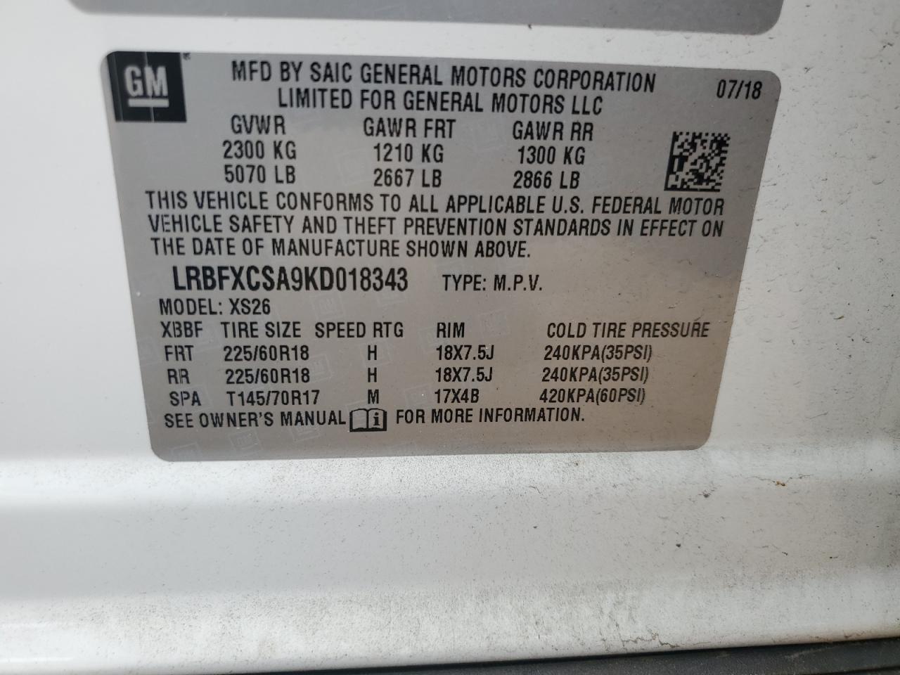 LRBFXCSA9KD018343 2019 Buick Envision Essence