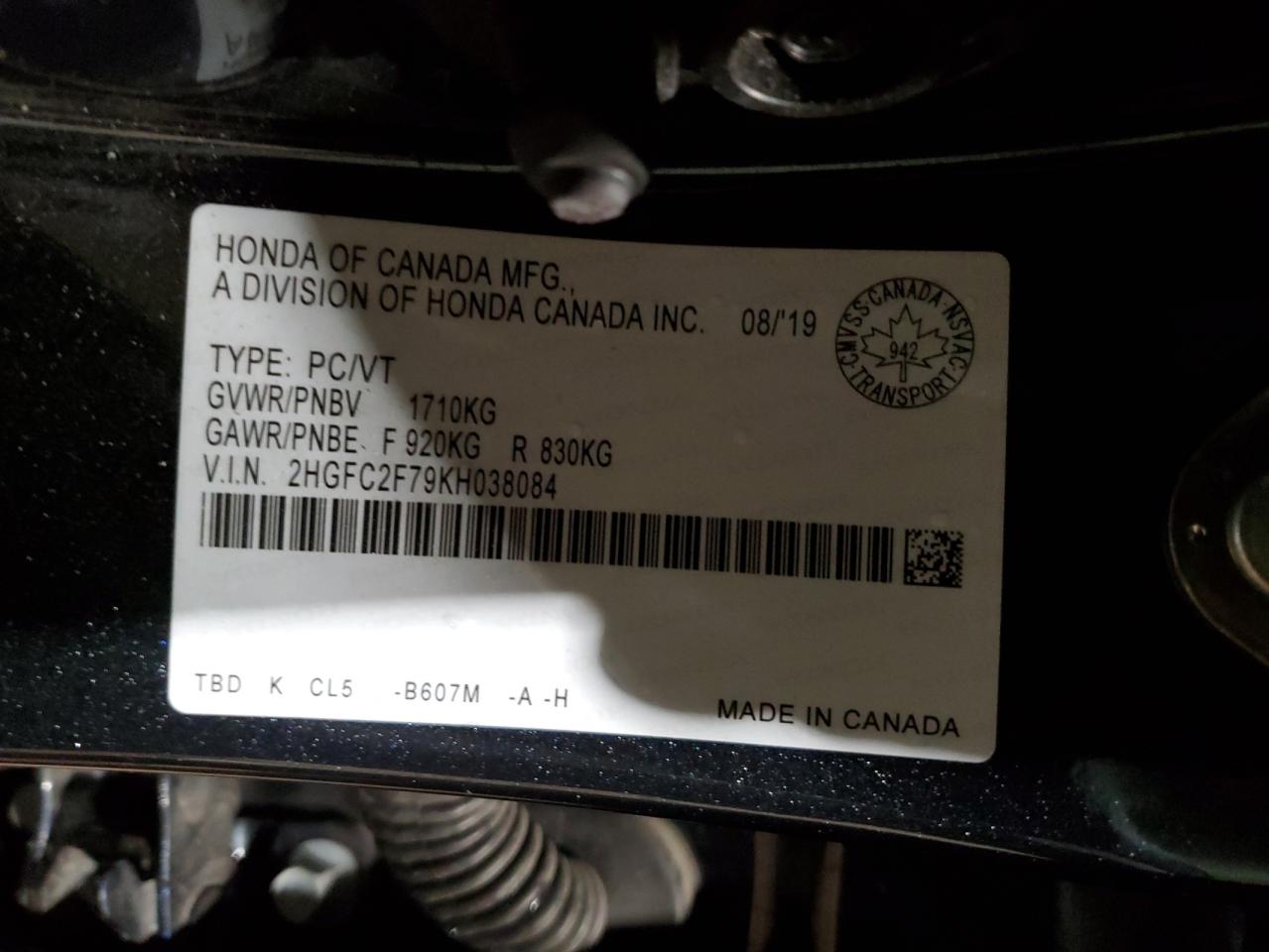 2HGFC2F79KH038084 2019 Honda Civic Ex