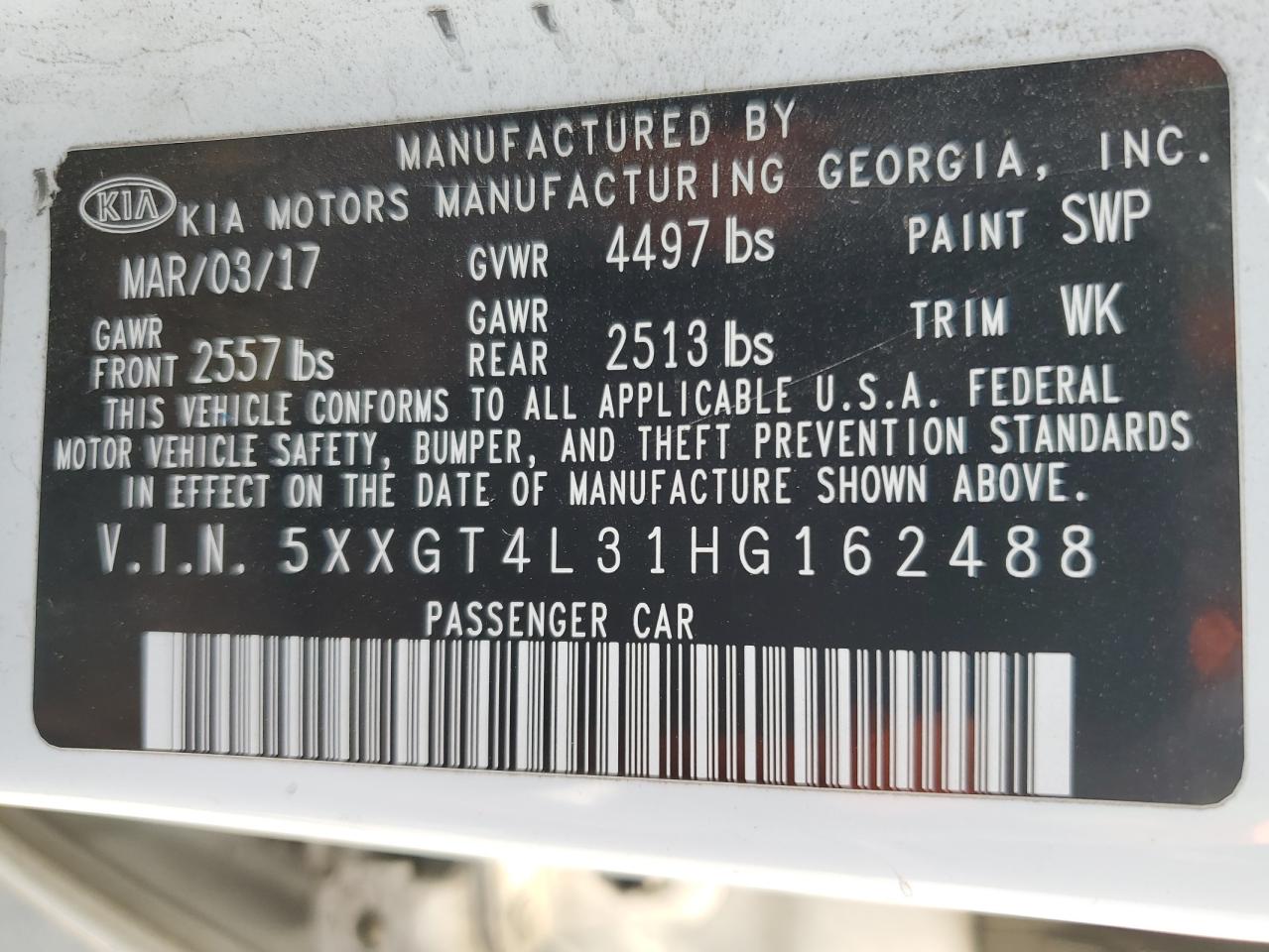 5XXGT4L31HG162488 2017 Kia Optima Lx