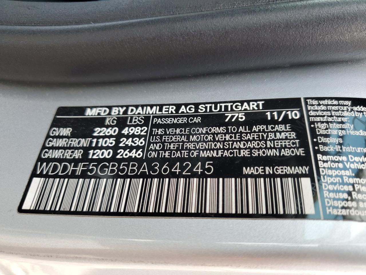 WDDHF5GB5BA364245 2011 Mercedes-Benz E 350
