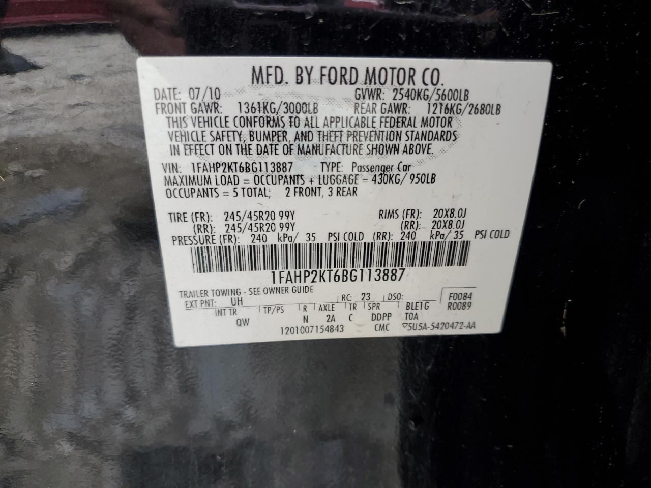 1FAHP2KT6BG113887 2011 Ford Taurus Sho