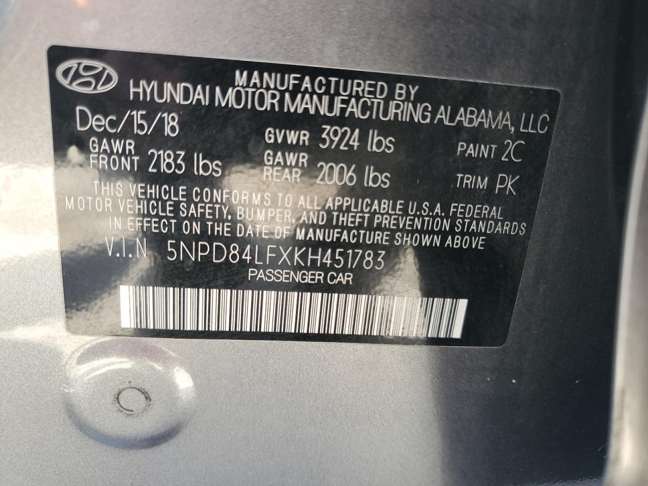 5NPD84LFXKH451783 2019 Hyundai Elantra Sel