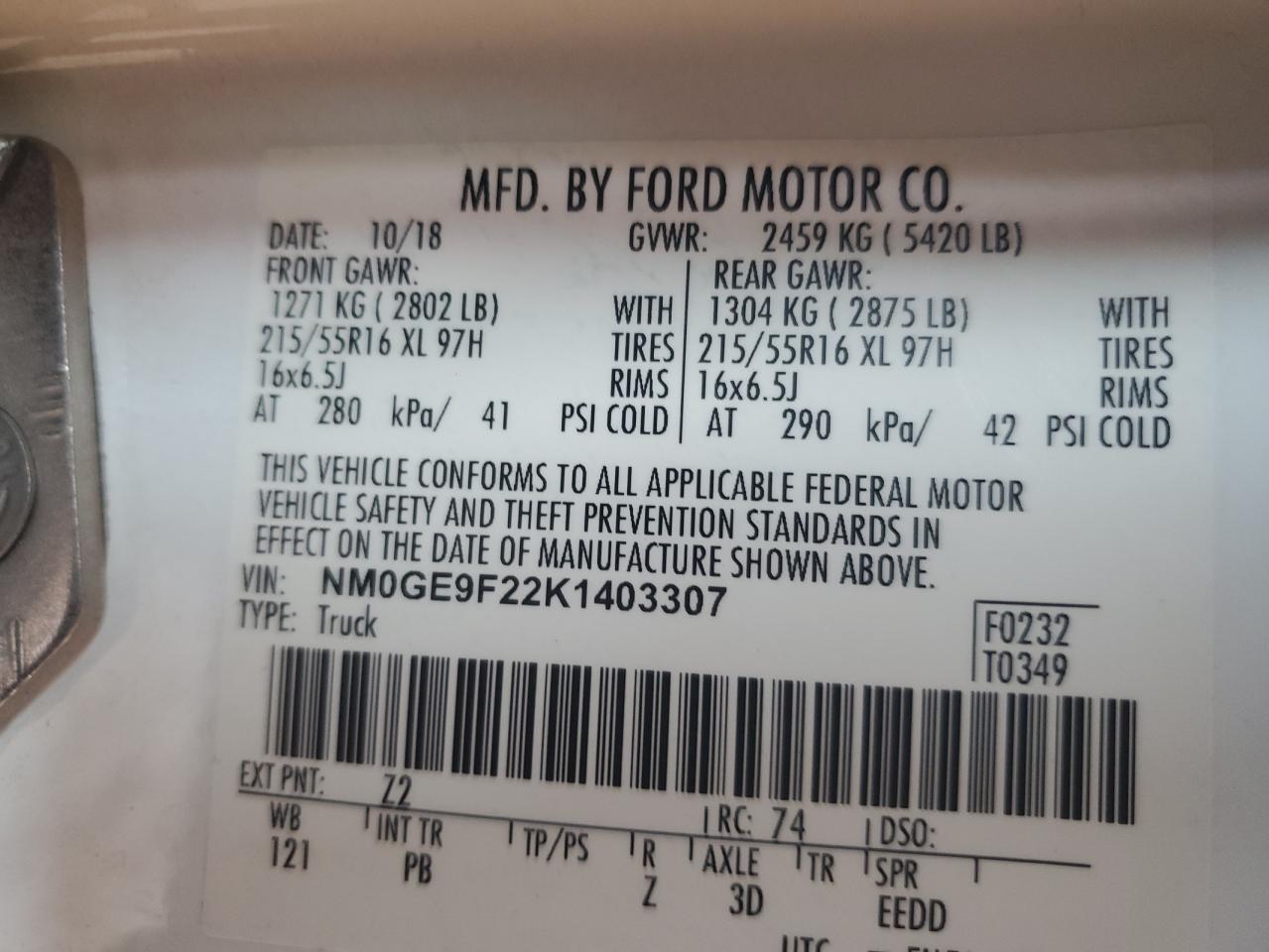 NM0GE9F22K1403307 2019 Ford Transit Connect Xlt