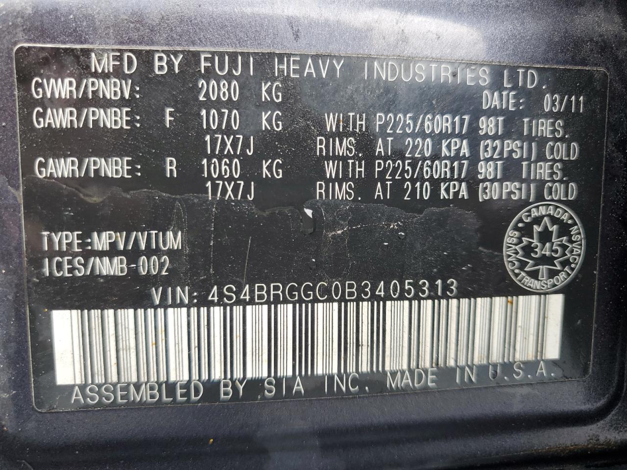 4S4BRGGC0B3405313 2011 Subaru Outback 2.5I Premium