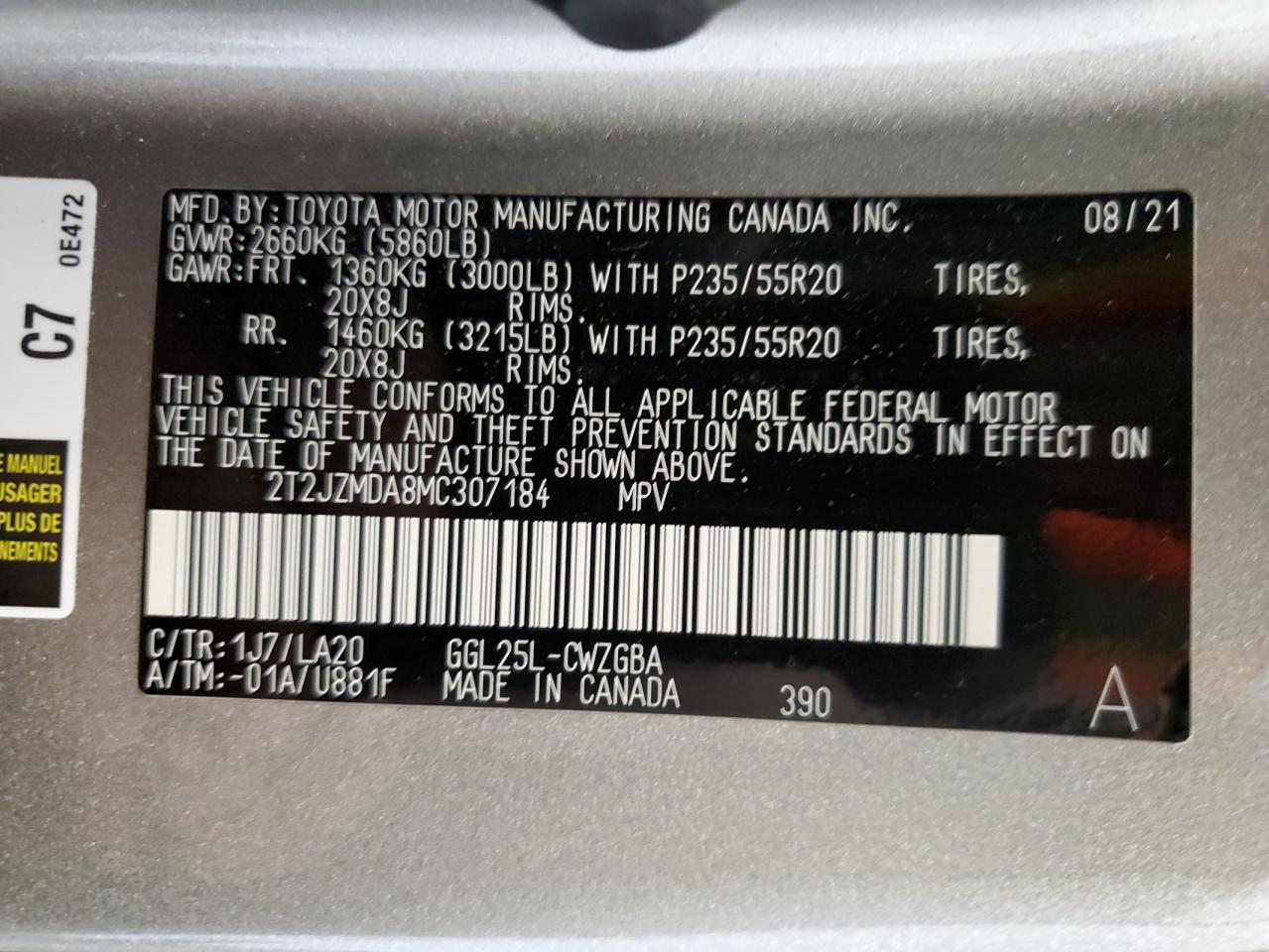 2T2JZMDA8MC307184 2021 Lexus Rx 350
