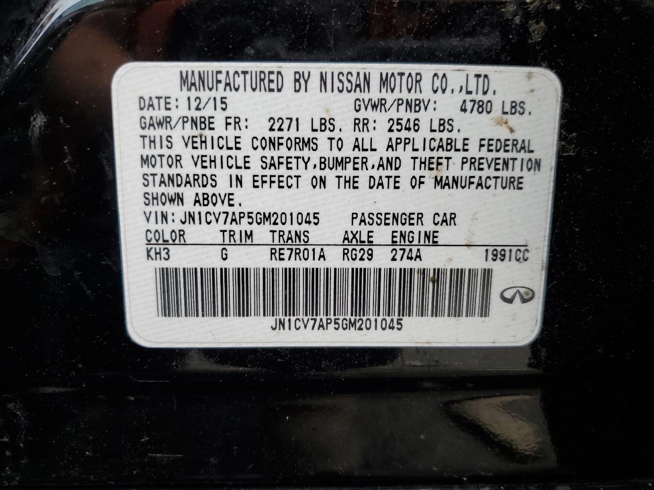 JN1CV7AP5GM201045 2016 Infiniti Q50 Base