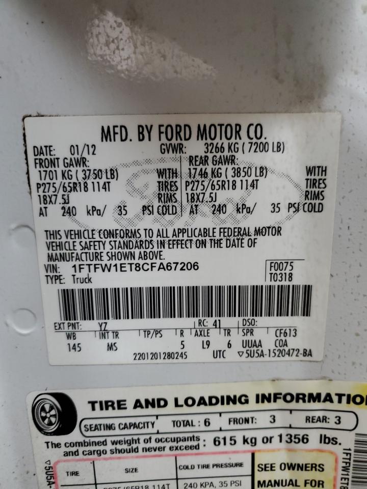 1FTFW1ET8CFA67206 2012 Ford F150 Supercrew