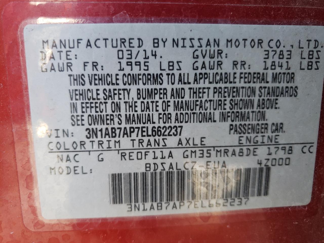 3N1AB7AP7EL662237 2014 Nissan Sentra S