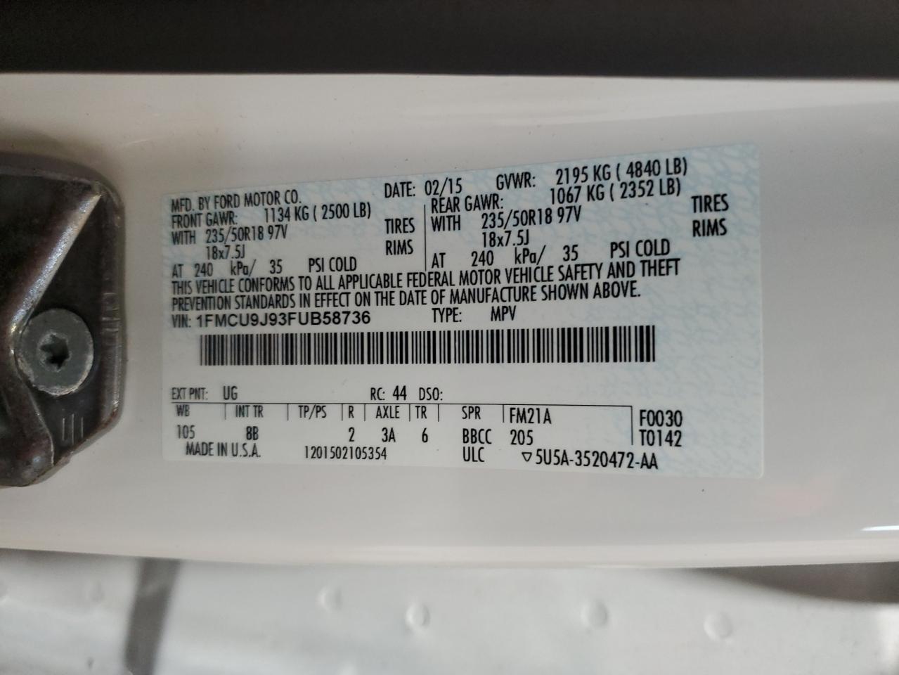 1FMCU9J93FUB58736 2015 Ford Escape Titanium