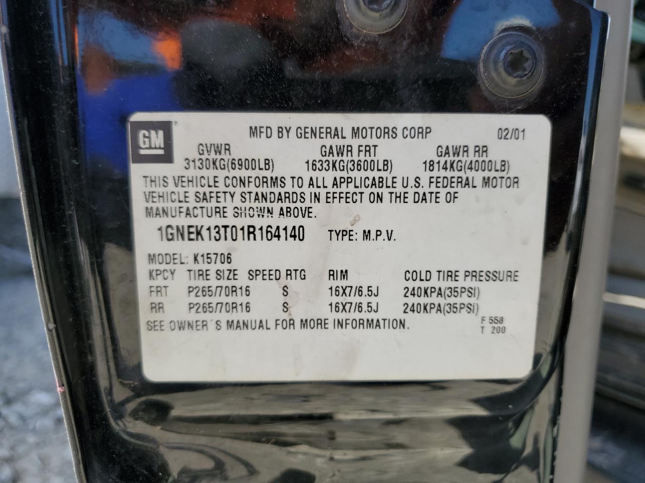 1GNEK13T01R164140 2001 Chevrolet Tahoe K1500