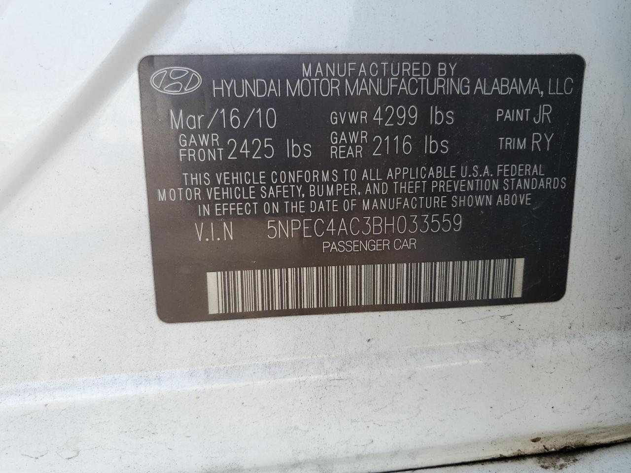 5NPEC4AC3BH033559 2011 Hyundai Sonata Se