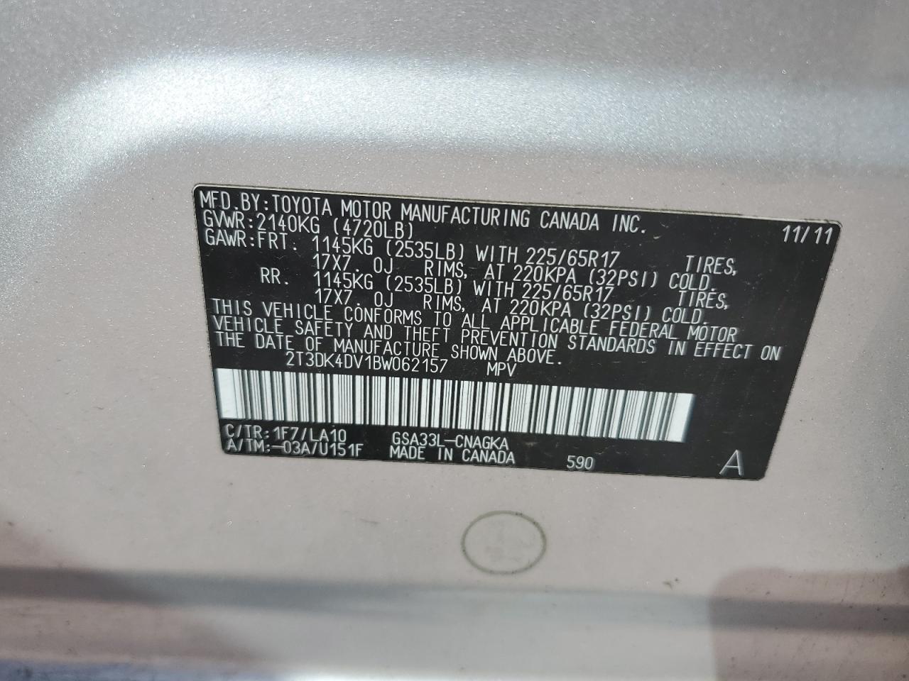 2T3DK4DV1BW062157 2011 Toyota Rav4 Limited
