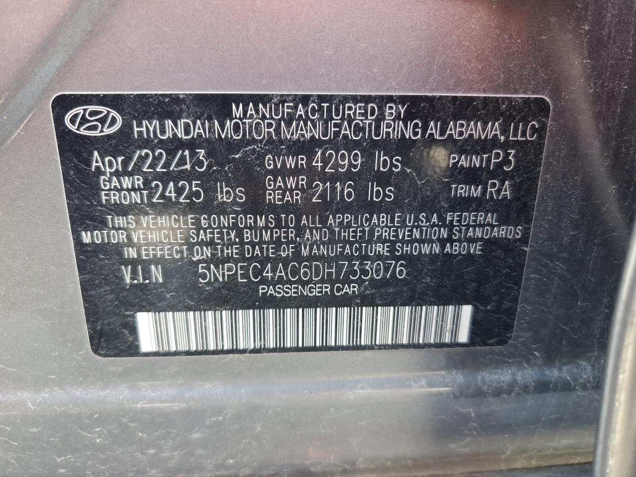 5NPEC4AC6DH733076 2013 Hyundai Sonata Se