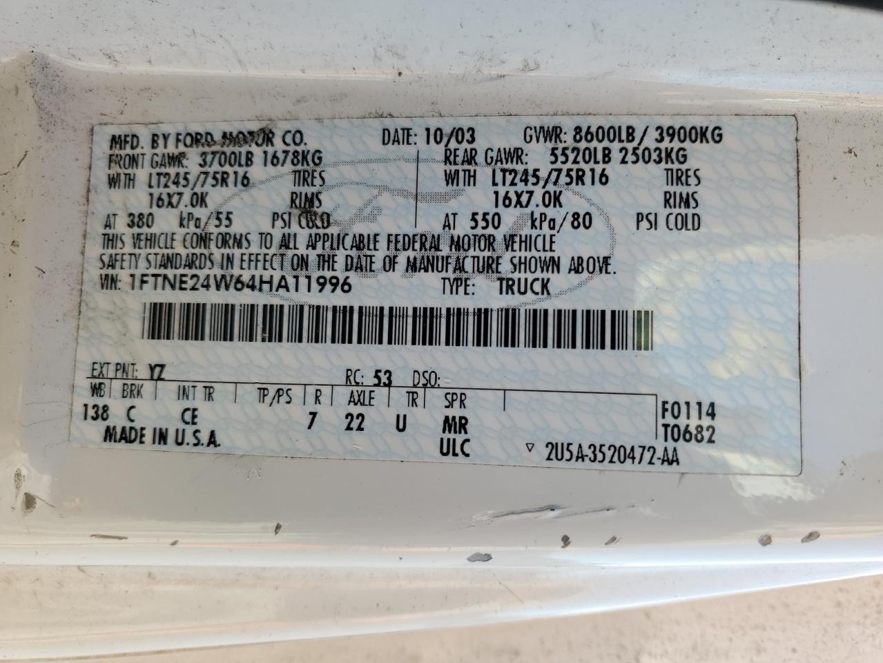 1FTNE24W64HA11996 2004 Ford Econoline E250 Van