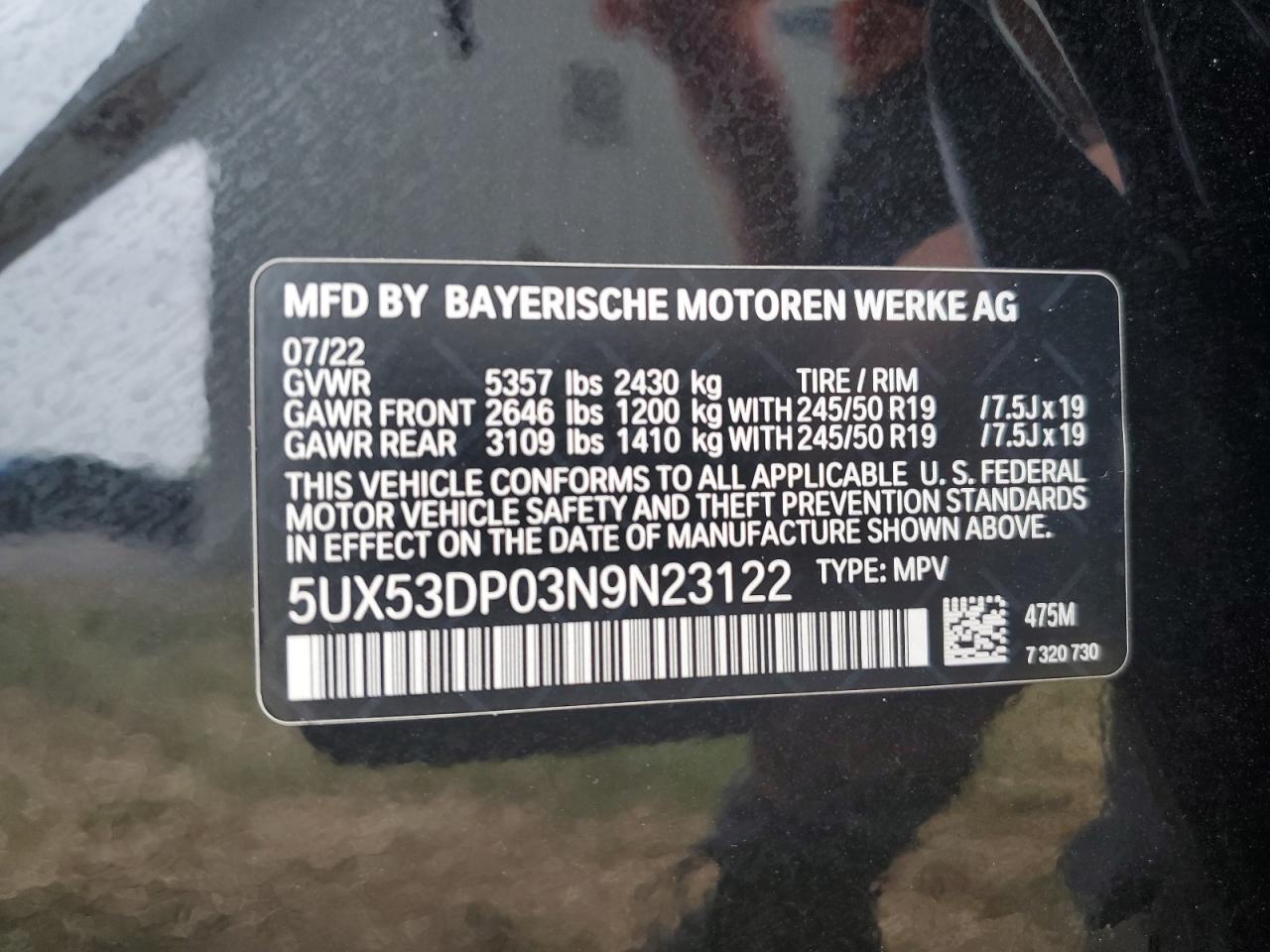 5UX53DP03N9N23122 2022 BMW X3 xDrive30I