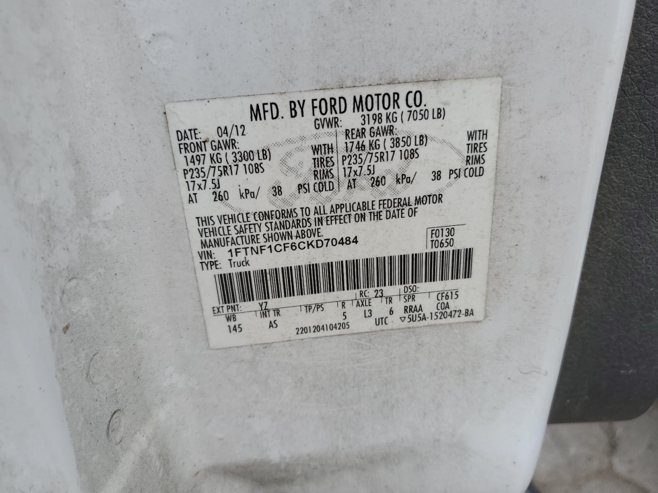 1FTNF1CF6CKD70484 2012 Ford F150