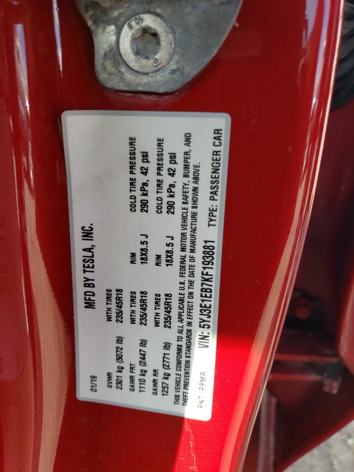 5YJ3E1EB7KF193881 2019 Tesla Model 3