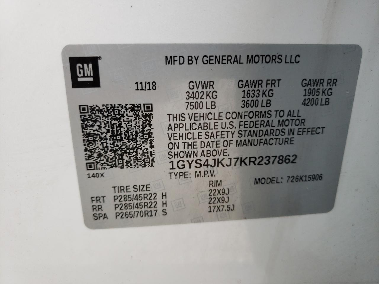 1GYS4JKJ7KR237862 2019 Cadillac Escalade Esv Premium Luxury