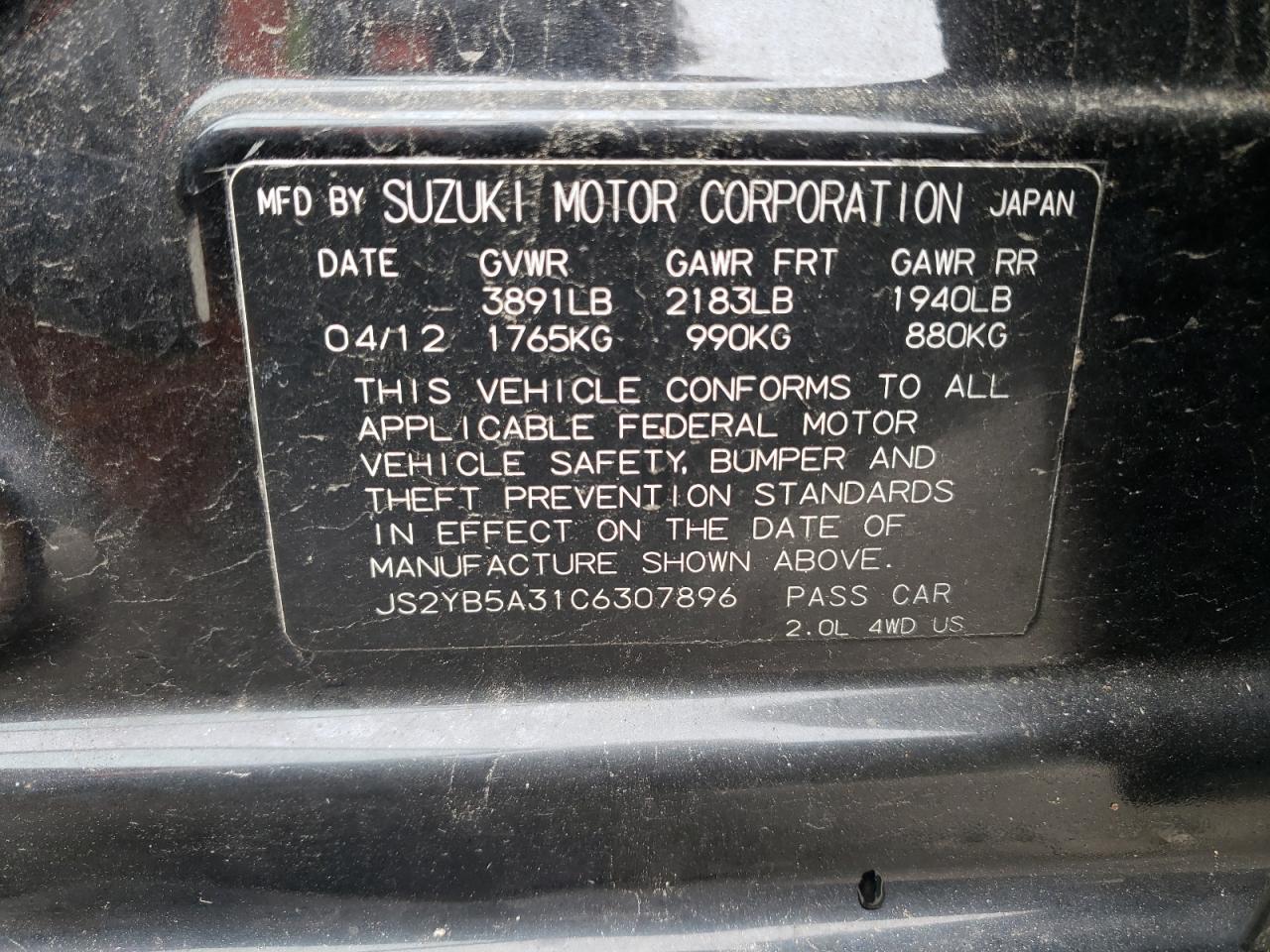 JS2YB5A31C6307896 2012 Suzuki Sx4