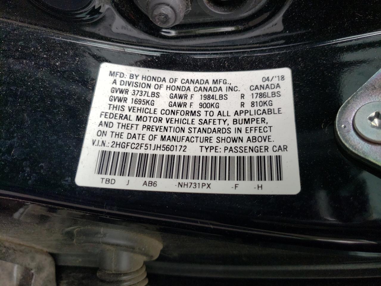 2HGFC2F51JH560172 2018 Honda Civic Lx