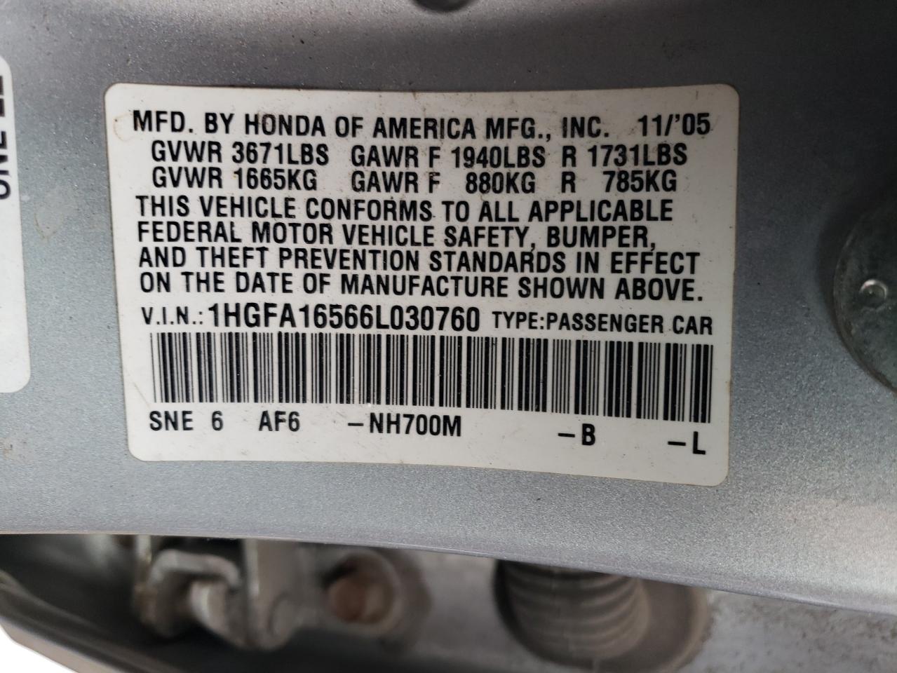 1HGFA16566L030760 2006 Honda Civic Lx