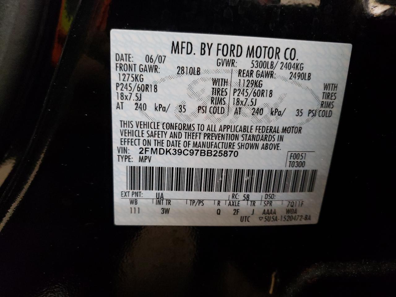 2FMDK39C97BB25870 2007 Ford Edge Sel Plus