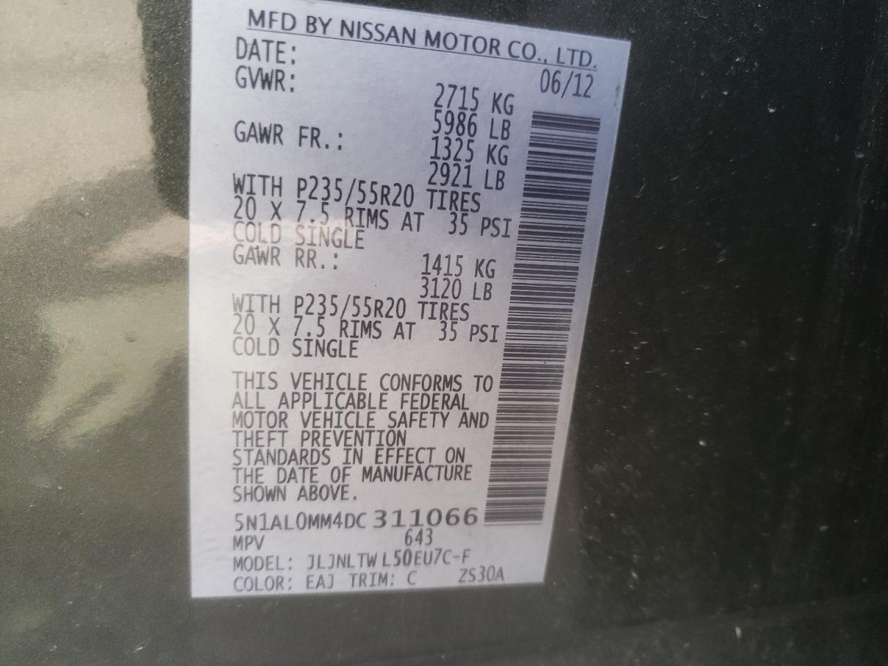 5N1AL0MM4DC311066 2013 Infiniti Jx35