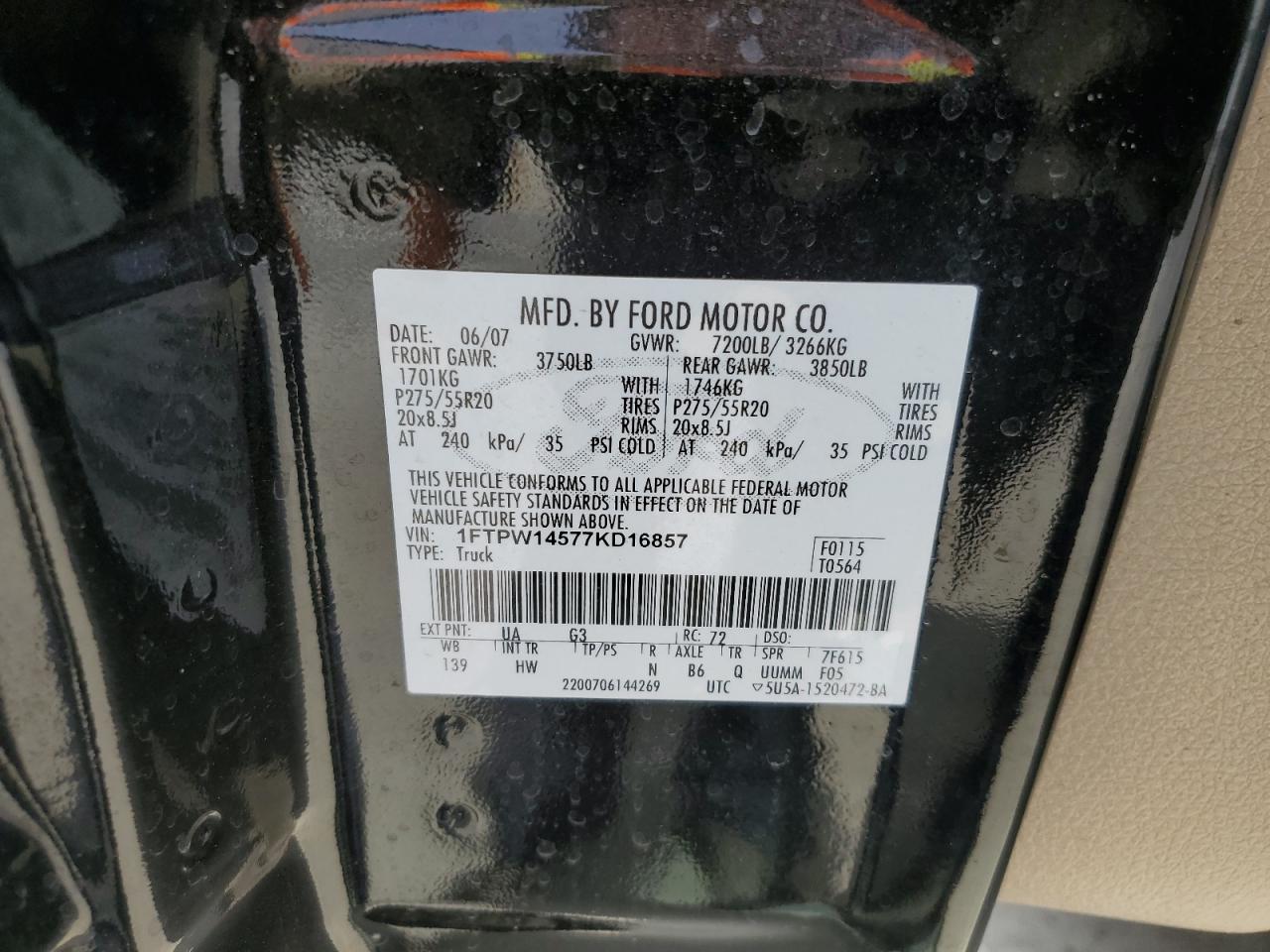 1FTPW14577KD16857 2007 Ford F150 Supercrew