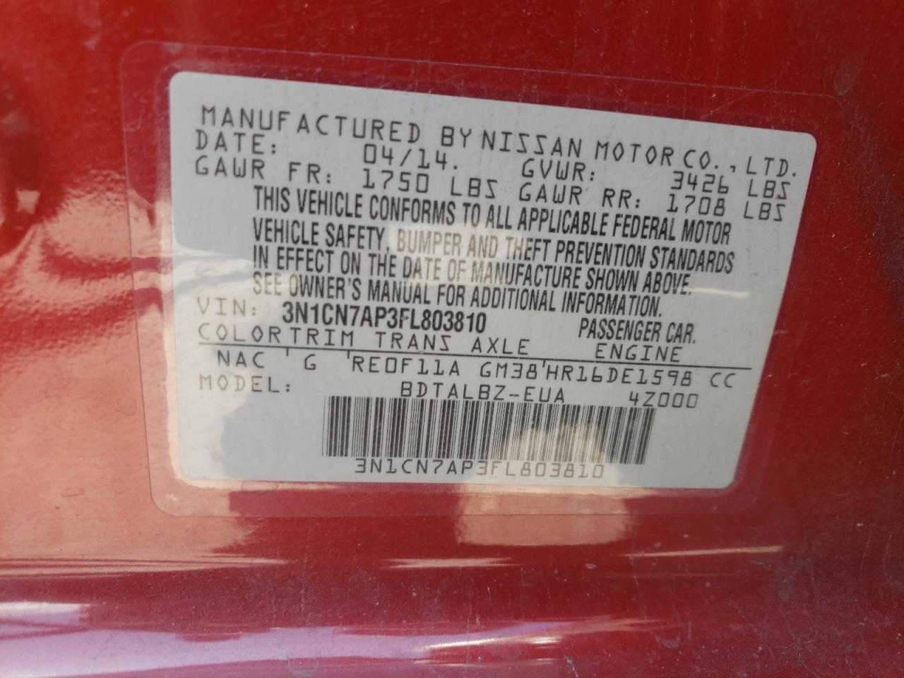 3N1CN7AP3FL803810 2015 Nissan Versa S