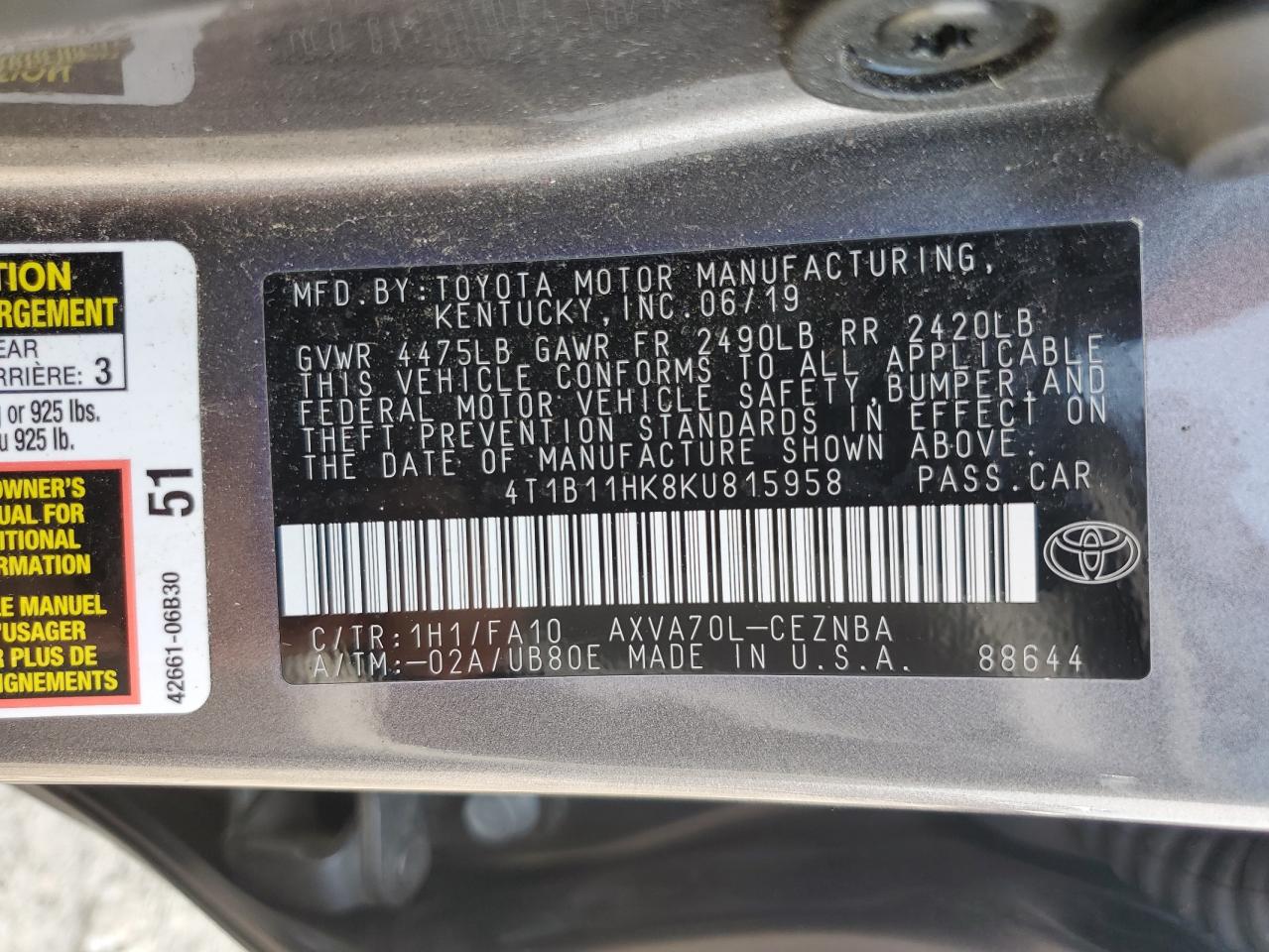 4T1B11HK8KU815958 2019 Toyota Camry L
