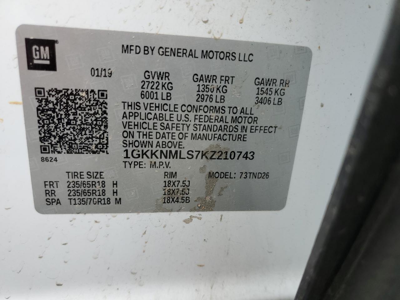 1GKKNMLS7KZ210743 2019 GMC Acadia Slt-1