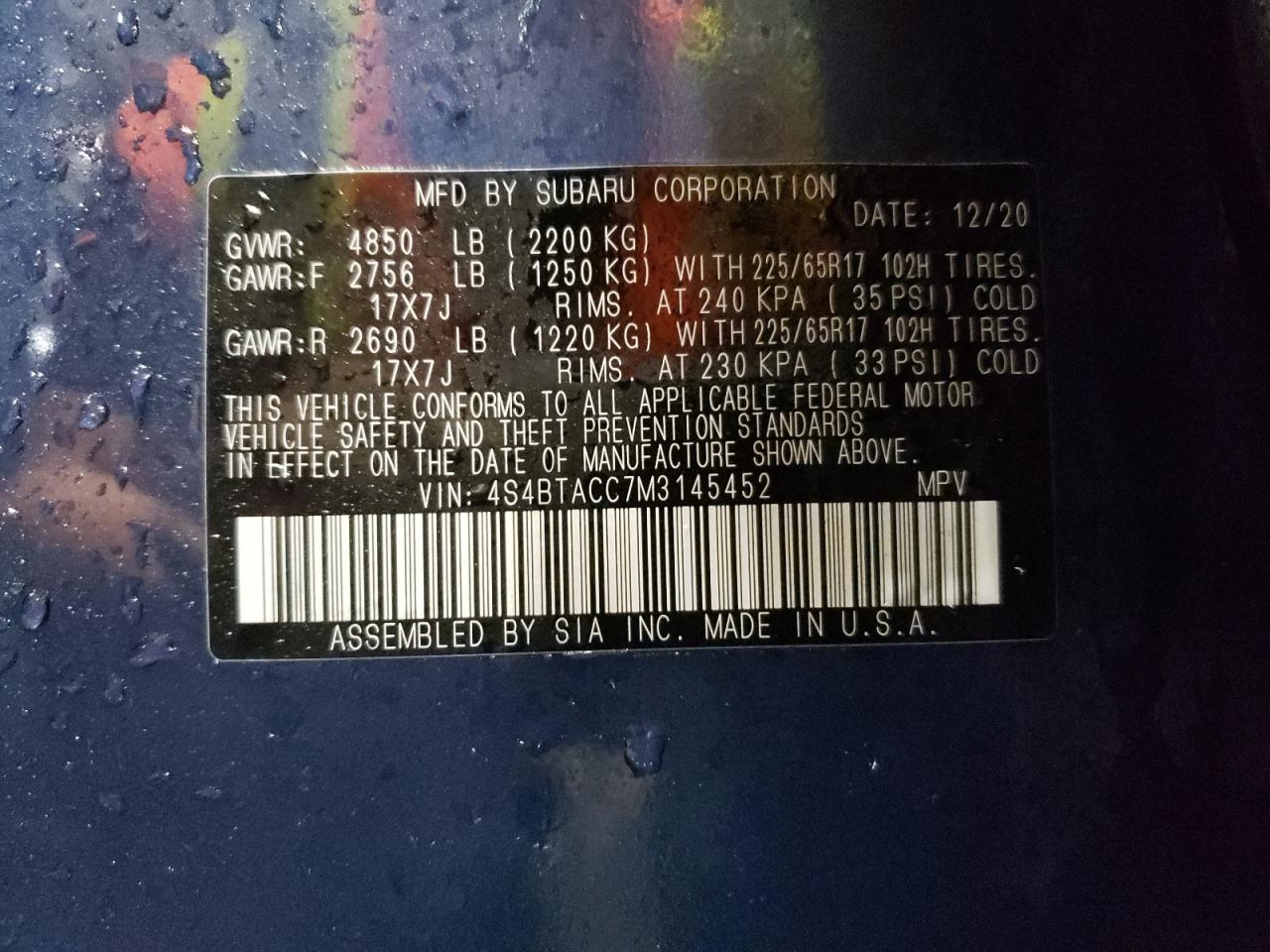 4S4BTACC7M3145452 2021 Subaru Outback Premium