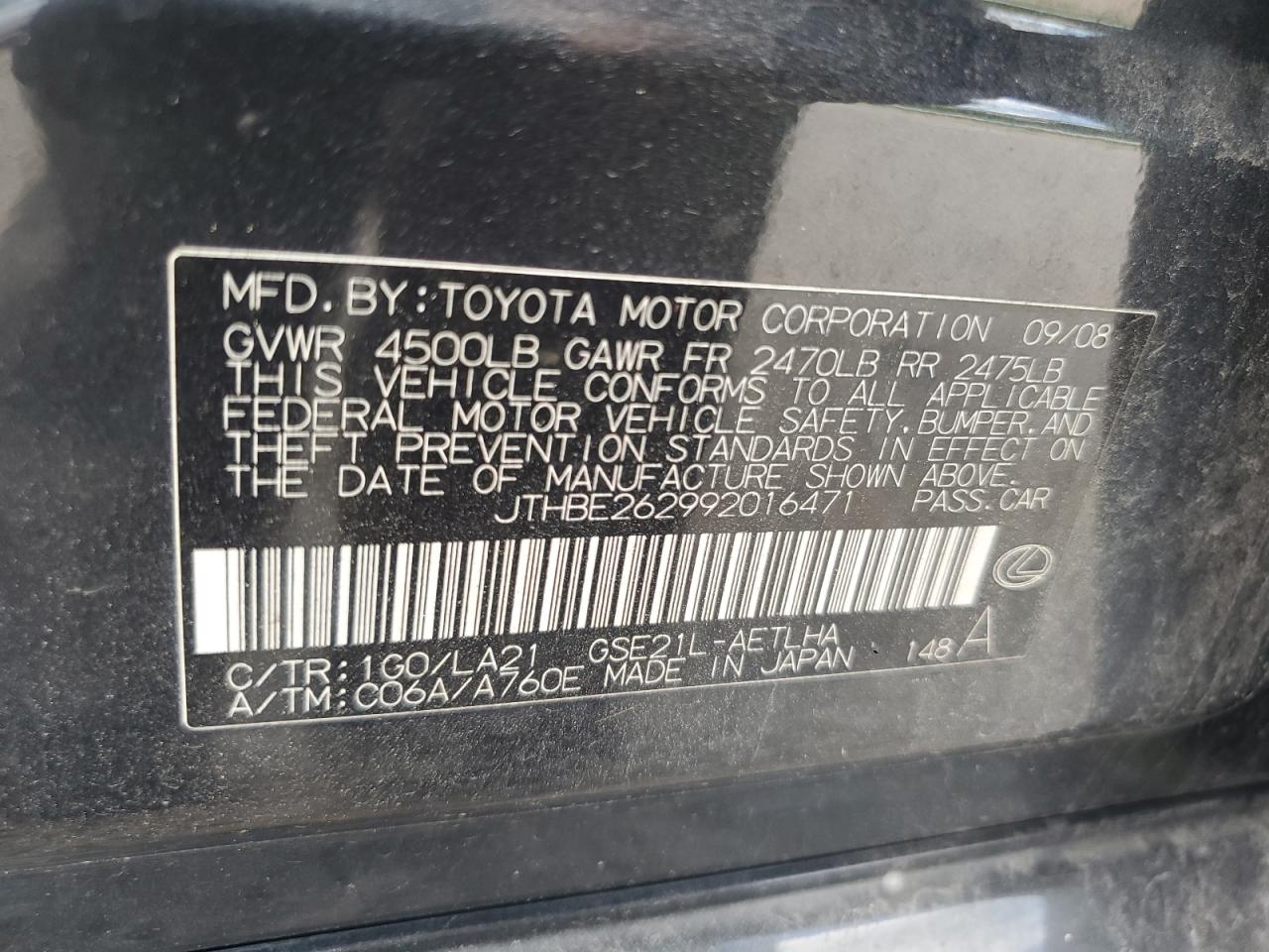 JTHBE262992016471 2009 Lexus Is 350
