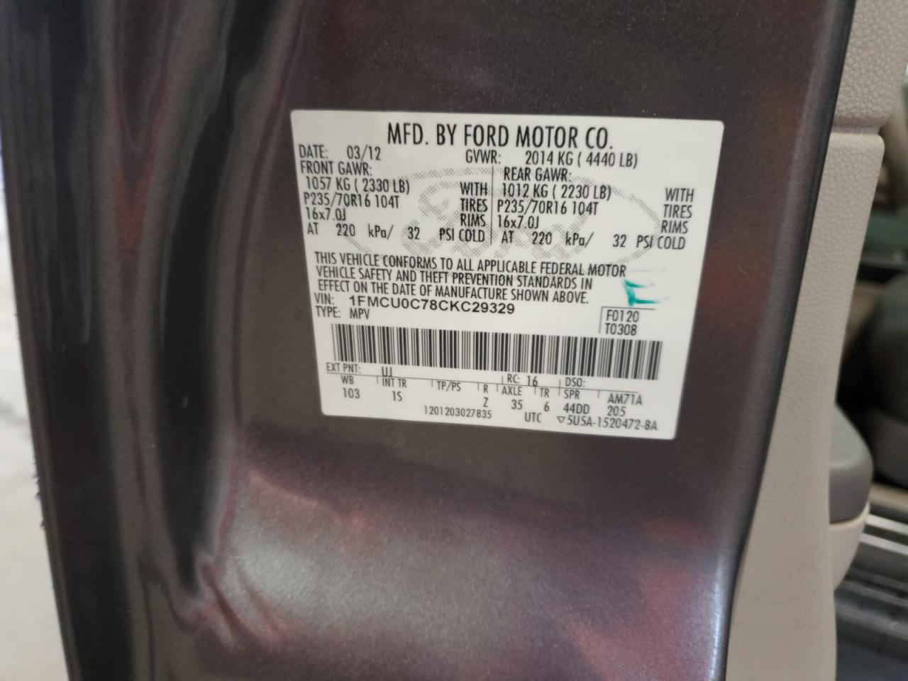 1FMCU0C78CKC29329 2012 Ford Escape Xls