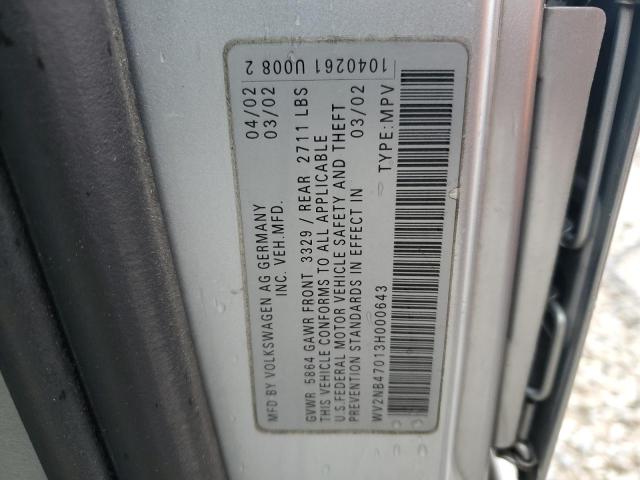 2003 Volkswagen Eurovan Mv VIN: WV2NB47013H000643 Lot: 52937374