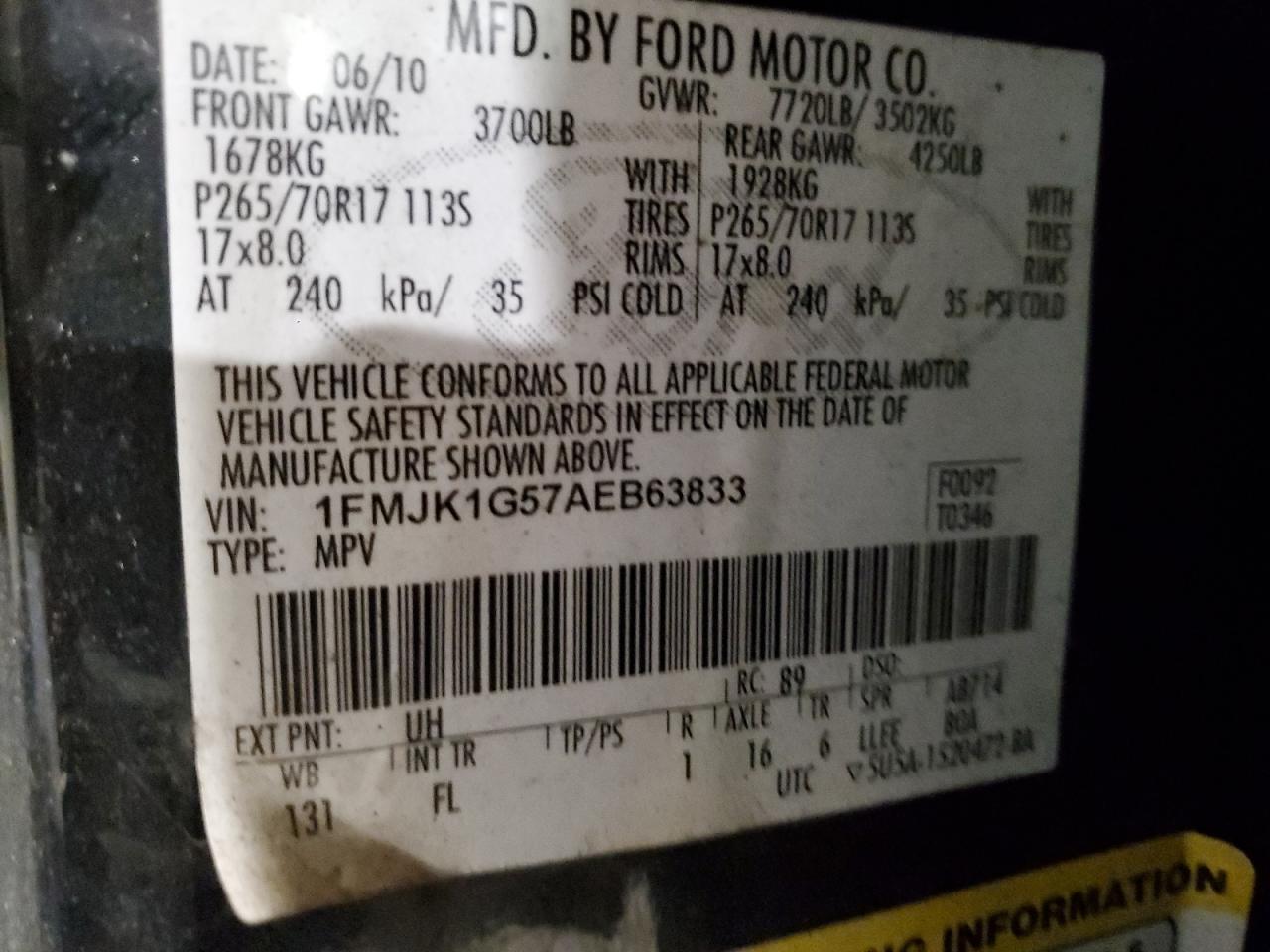 1FMJK1G57AEB63833 2010 Ford Expedition El Xlt