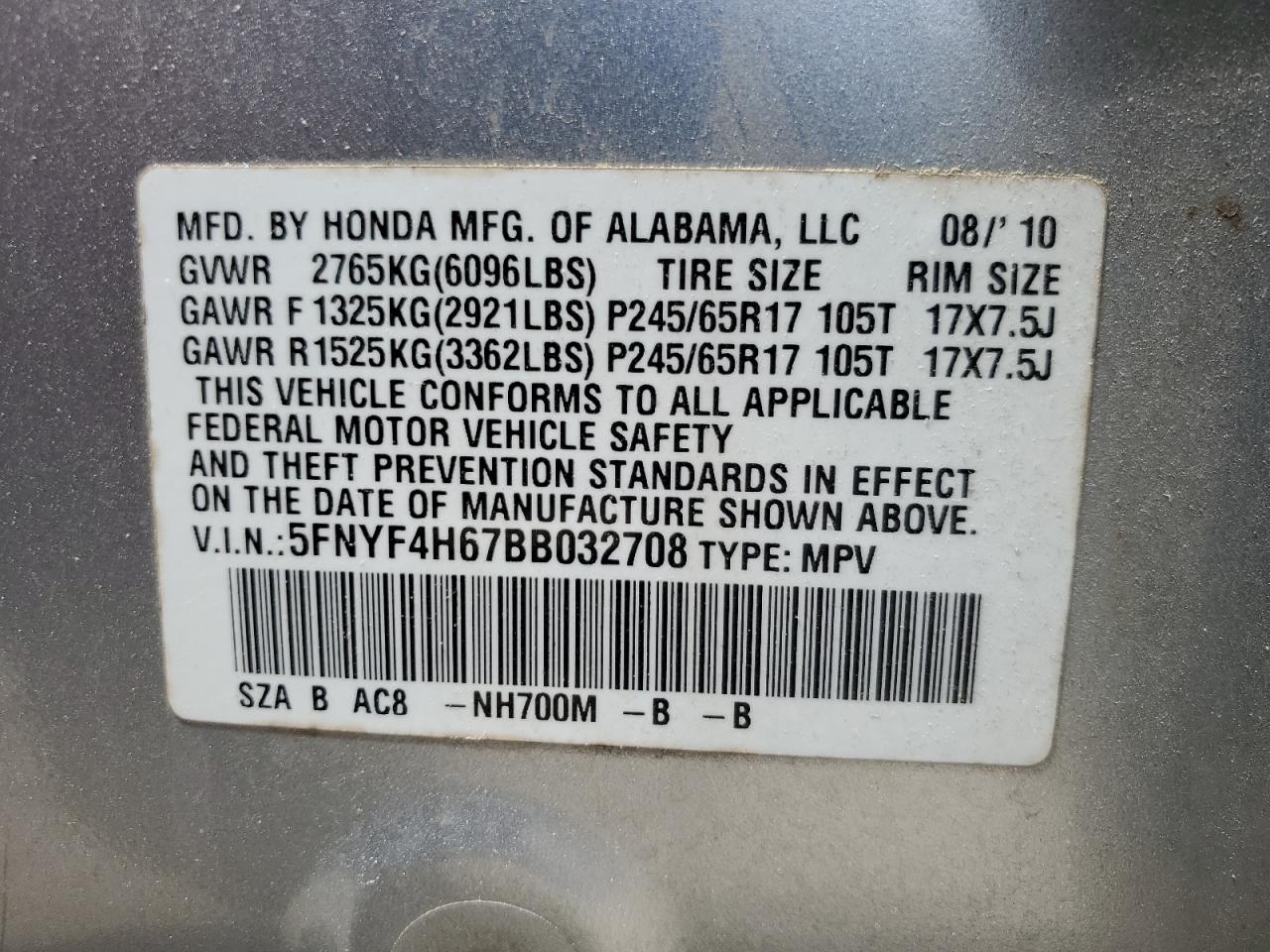 5FNYF4H67BB032708 2011 Honda Pilot Exl