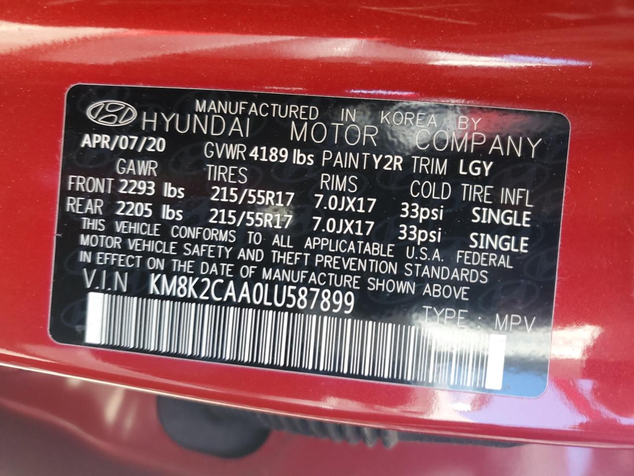 KM8K2CAA0LU587899 2020 Hyundai Kona Sel