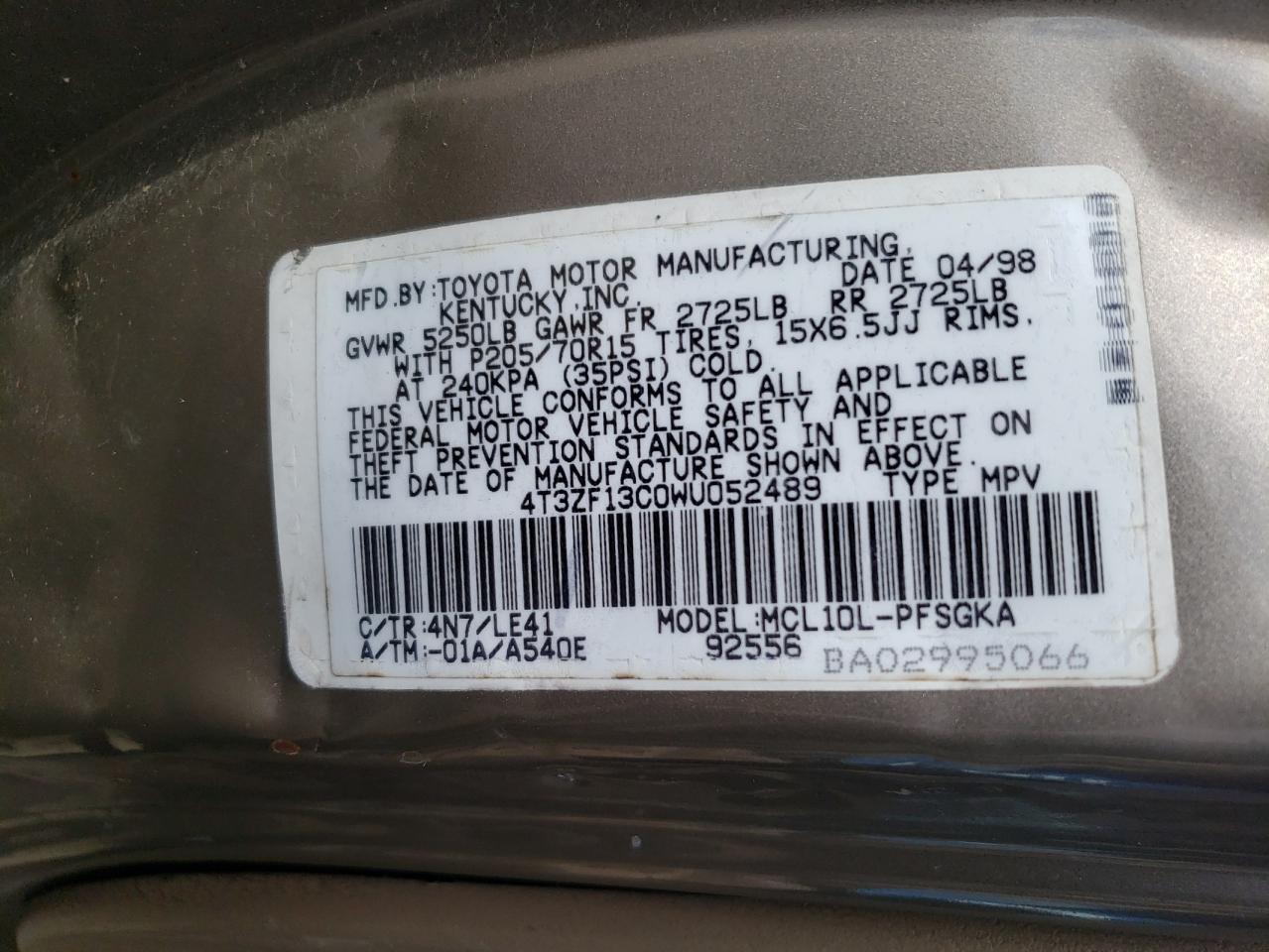 4T3ZF13C0WU052489 1998 Toyota Sienna Le